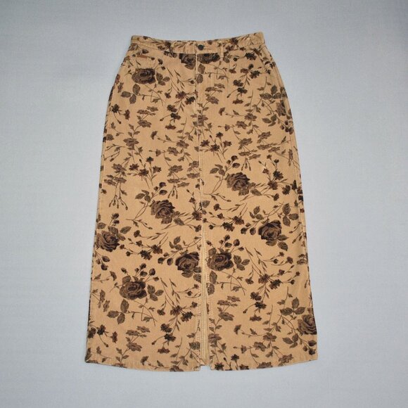 Eddie Bauer Corduroy Skirt Size 10 Tan & Brown Floral Print Maxi - Picture 1 of 11